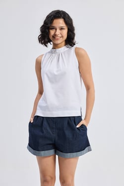 High-Neck Top with Gathers in White - White / XL