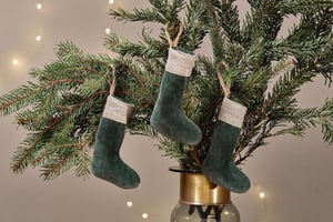 nkuku Karru Cotton Velvet Mini Stocking Set Of 3 | Christmas Decorations | Forest Green