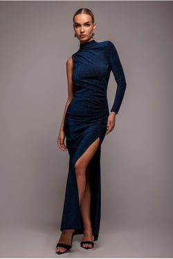 Goddiva Open Lurex Back One Sleeve Maxi Dress - Royal Blue