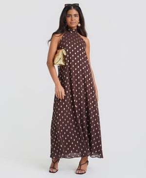 Dark Brown Foil Halter Midaxi Dress - 20