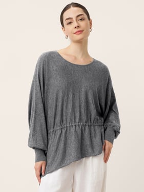 Merino Wool Asymmetric Drawstring Hem Loose Top WREN - Charcoal Grey / L