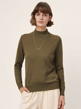 100% Extra-Fine Merino Wool Crew Neck Ribbed Knit Sweater CASSIA - Army Green / XXL