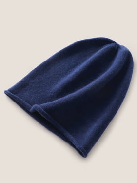 100% Cashmere Dense-Knit Slouchy Beanie - Navy Blue / One Size