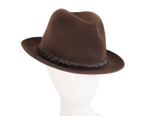 Brown unisex rabbit fur fedora hat with leather trim
