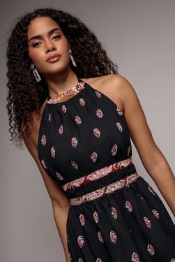 City Goddess Halter Neck Printed Midi Dress - Black