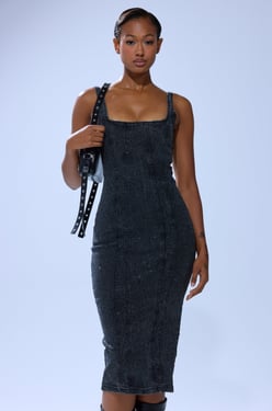 AKIRA After Hours Denim Rhinestone Midi Dress | Black | Size Small
