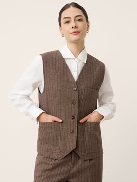 Wool Striped V-Neck Button-Detail Vest ELUNED - Burgundy Stripe / XXL