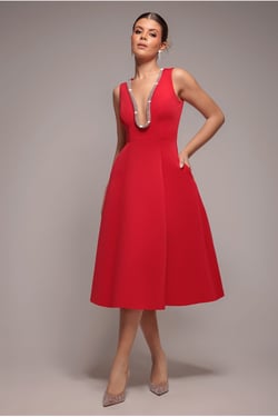 Goddiva Diamante Embellished Neck A-Line Midi Dress - Red