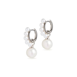 Pearl Huggie and Round Cultured Pearl Charm Silver Earring Set