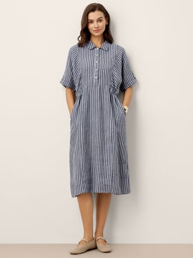 100% Linen Striped Buttoned Front Short Sleeve Midi Shirt Dress CASSANDRA - Navy Stripe / XXL