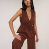 Brown Cordie Ruched Tie Front Linen-Blend Top