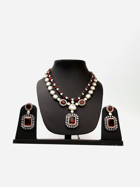 Red Garnet Stone and Kundan work Reverse AD Two Layer Necklace Set