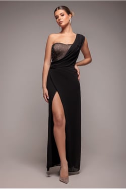 Goddiva One Shoulder Diamante Chiffon Evening Maxi Dress - Black