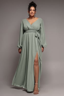 Goddiva Plus Wrap Back With Front Slit Chiffon Maxi Dress - Sage Green