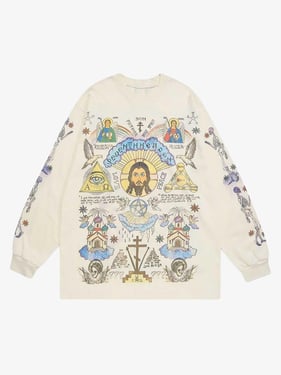 Thesupermade American High Street Graffiti Long Sleeve T-Shirt - Beige / 2XL