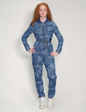 Peace' Laser Printed Zipped Blue Jumpsuit