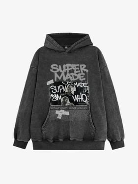 Trendy Retro Graffiti Character Hoodie - Washed Black / XXL