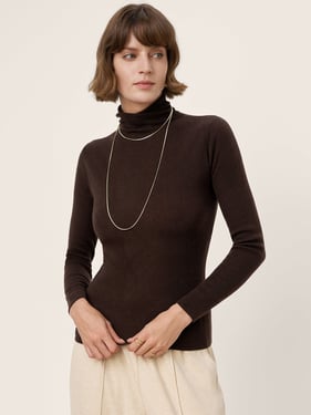 100% Extra-Fine Merino Wool Turtleneck Knit Sweater JOLENE - Chocolate Brown / L