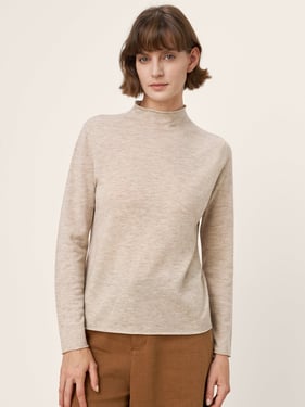 100% Extra-Fine Merino Wool Mock Neck Sweater with Rolled Edge ELA - Oatmeal / L