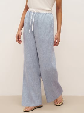100% Linen Elastic Waist Straight-Leg Trousers JOURDAN - Light Denim Blue / XXXL