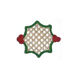 Christmas Holly Handwoven Iraca Palm Coaster – Holly Leaf Design with Red Berries | Holiday Table Decor
