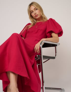 Pink Puff Sleeve Zola Midi Dress