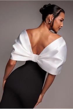 Goddiva Contrast Off Shoulder Back Satin Bow Scuba Maxi Dress - Black Cream