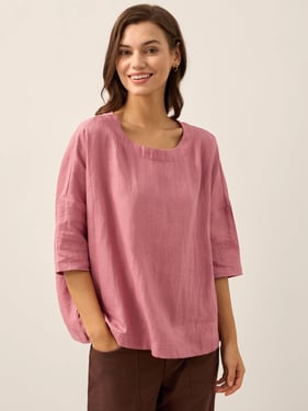 100% Linen Boatneck 3/4 Length Sleeve Top AURORA - Coral Pink / XXL