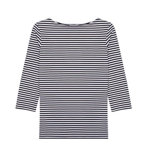 Sunspel Womens 3/4 Sleeve Boat Neck T-Shirt White / Navy Stripe