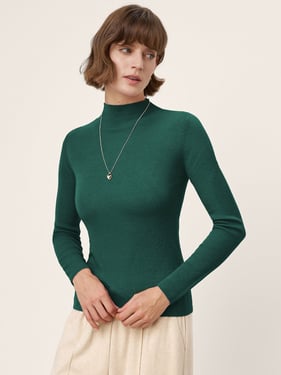 100% Extra-Fine Merino Wool Mock Neck Knit Sweater TIA - Deep Pine / L