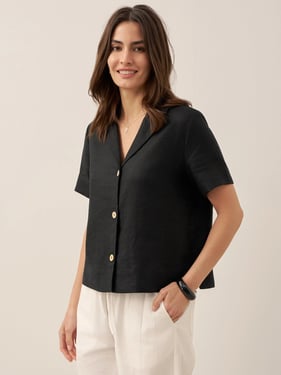 100% Linen Button-Up Short Sleeve Shirt ORENDA - Charcoal Black / XXL