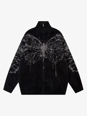 Thesupermade Butterfly Jacquard  Knit Mock Neck Sweater - Black / XL