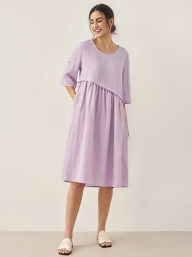 100% Linen Asymmetrical Pleated Round Neck Midi Dress YOLANDA - Lavender / XL