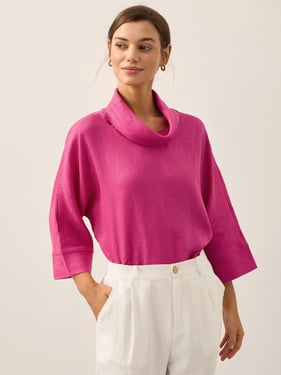 100% Linen Dropped Collar Long-Sleeve Top TRISTAN - Fuchsia Pink / XXL