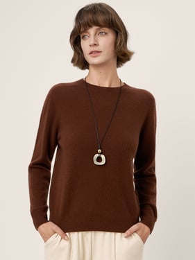 Premium Cashmere Blend Hand-Finished Seamless Crew Neck Ribbed Trim Knit Top WANDA - Chicory Coffee / XXL