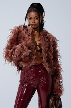 AKIRA Piper Textured Faux Fur Coat | Brown | Size 1X