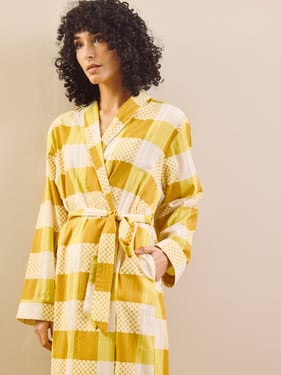 Womens Golden Yellow Patchwork Gingham Seersucker Grandpa Dressing Gown - 3XL / 22-24 / Mustard
