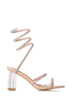 AKIRA Azalea Wang Bellona Nude Sandal With Embellished Coil Wrap | Size 8