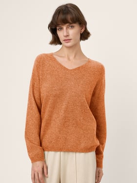 Mongolian Cashmere & Mulberry Silk Seamless Ribbed Trim V-Neck Sweater TESSA - Pumpkin / L