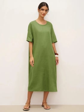 100% Linen Oversized O-Line Belted Midi Dress LORETTA—Multi-Way Wear - Sage Green / XXL