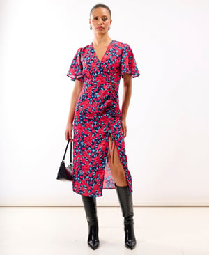 Red Floral Wrap Midi Dress - 18