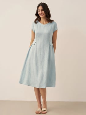 100% Linen Natural Summer V-Neck Dress ALEXA - Aqua Blue / XXL