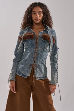 AKIRA Try Me Baby Lace Up Denim Top | Light Blue | Size Small