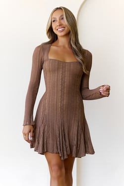 Full Time It Girl Long Sleeve Mini Dress Brown