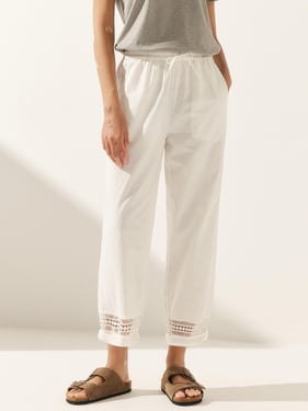 Linen Hollow Lace Stitching Elastic Waist Ankle Length Pants RITA - Optic White / XXL