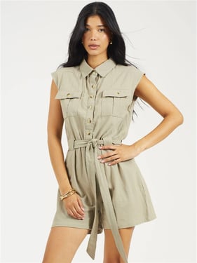 Brave Soul Cora Button Playsuit - Khaki - XS
