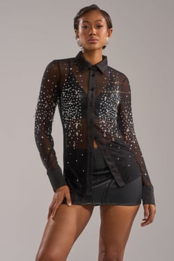 AKIRA Bling Mesh Button Down Top | Black | Size 2X