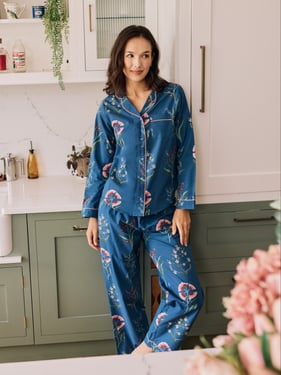 Womens Cotton Traditional Pyjamas Navy Folk Flowers - 3XL / 22-24 / Navy