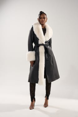 AKIRA Snow Bunny Fur Trim Trench Coat | Black | Size 1X