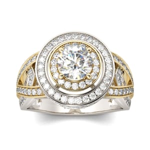Jeulia Two Tone Double Halo Round Cut Sterling Silver Ring